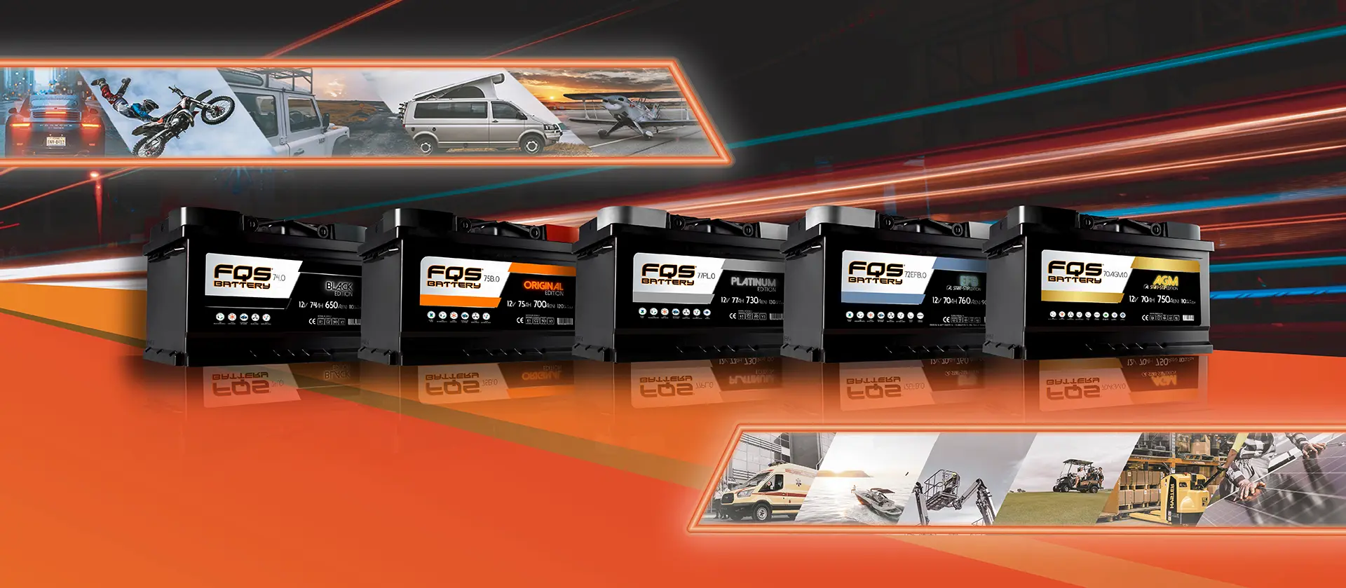 Para coches, vehículos pesados y motocicletas. Las baterías FQS dan energía para todo tipo de aplicaciones.