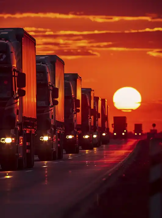 Industrial vehicles, in this case trucks, rolling along a highway at dusk.