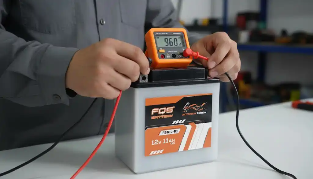 Comprobando una bateria de moto FQS BATTERY con multimetro
