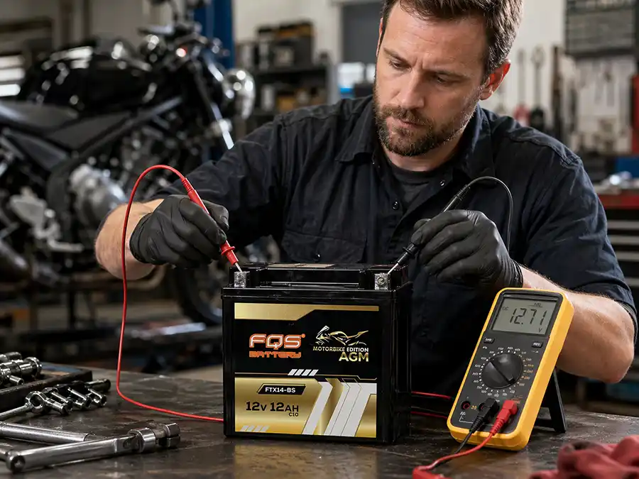 Comprobando una bateria de moto AGM de la marca FQS BATTERY con un multimetro